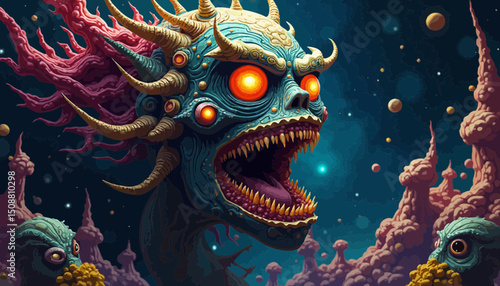 Pixel Art Fantasy Creature Glowing Eyes Open Mouth Dark Background