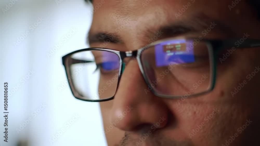 Focused Man Working on Computer, Intense Concentration Reflected in Glasses Focused Man Working on Computer, Intense Concentration Reflected in Glasses