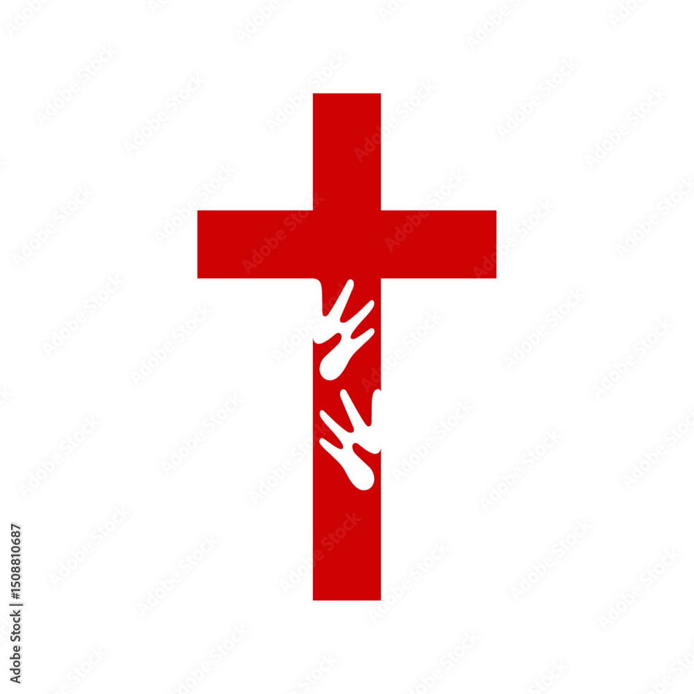 Obraz premium Hand of God shaking the hand of believer, helping and love of Jesus. Christian Cross vector symbol template, Christianity God religion icon
