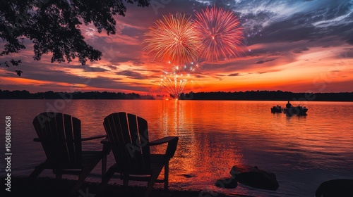 Two chairs overlook fireworks over the lake, with beautiful sunset. Use for holiday promotions, travel ads, or to illustrate relaxation.