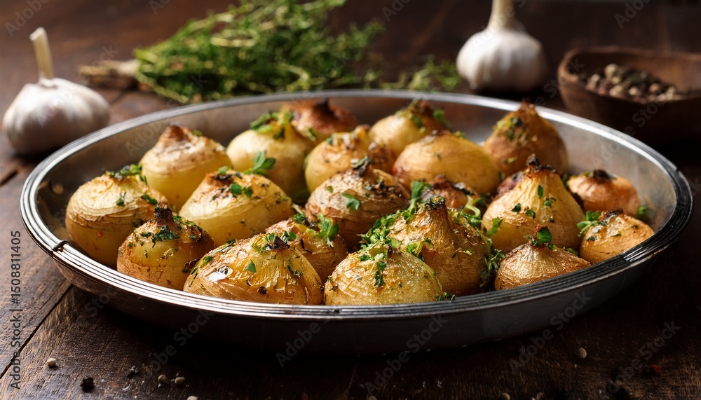 roasted turnips delicately seasoned with garlic and herbs presented in a rustic metal dish roasted turnips delicately seasoned with garlic and herbs presented in a rustic metal dish