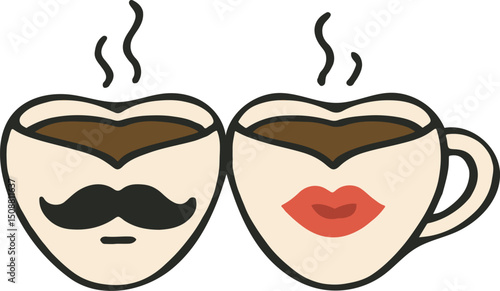 Heart-Shaped Coffee Mugs with Mustache and Lips Design, Romantic Vector Illustration