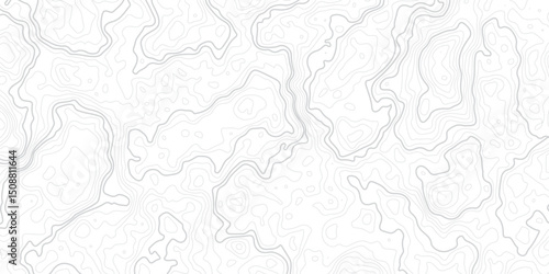 "Abstract Topographic map design with grey lines seamless pattern on white background. Geographic contour map paper texture. Retro topographic map, geographic mountain relief. Vector. Illustration"