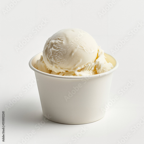 Boule de glace vanille dans pot en carton blanc
