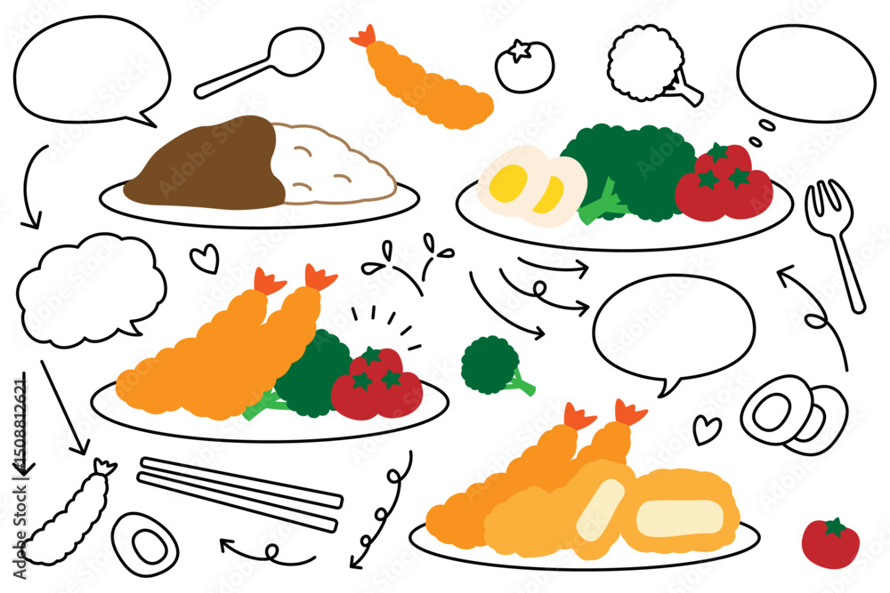 Naklejka premium 手描き風のかわいい料理と吹き出しと矢印のセット