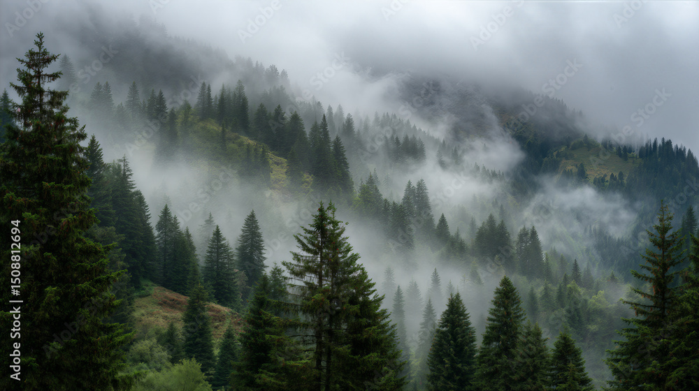 Fototapeta premium Paysage de montagne sapins dans la brume