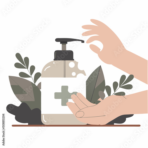 Hand sanitizer bottle with pump dispenser and green cross label, surrounded by leaves, as hands press for liquid, promoting hygiene and cleanliness in calm, natural setting
