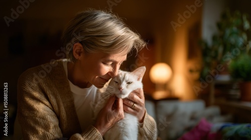 Mature woman softly petting a white cat at home. Emotional connection and pet therapy concept. Cozy indoor scene with warm lighting.