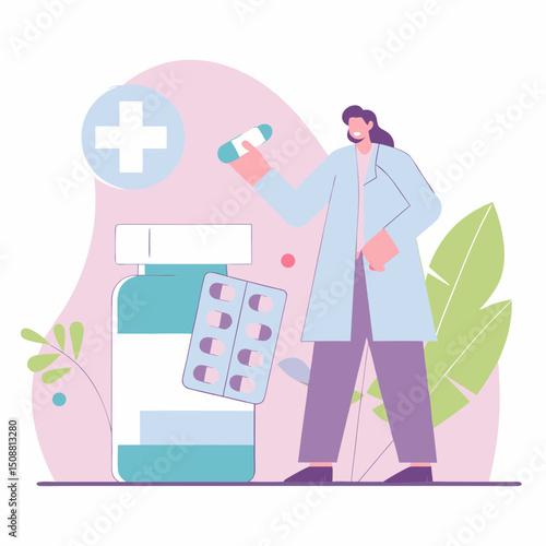 Pharmacist character icon person in lab coat holding pill, standing near medicine bottle and blister pack, healthcare concept, modern flat style illustration