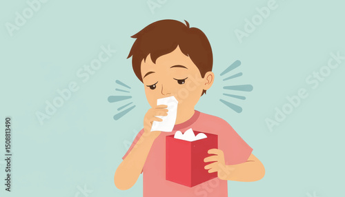 Child coughing with tissue box in flat vector illustration, health concept