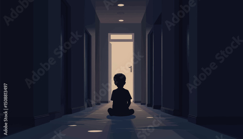 Contemplative boy sitting in dark hallway, exploring solitude