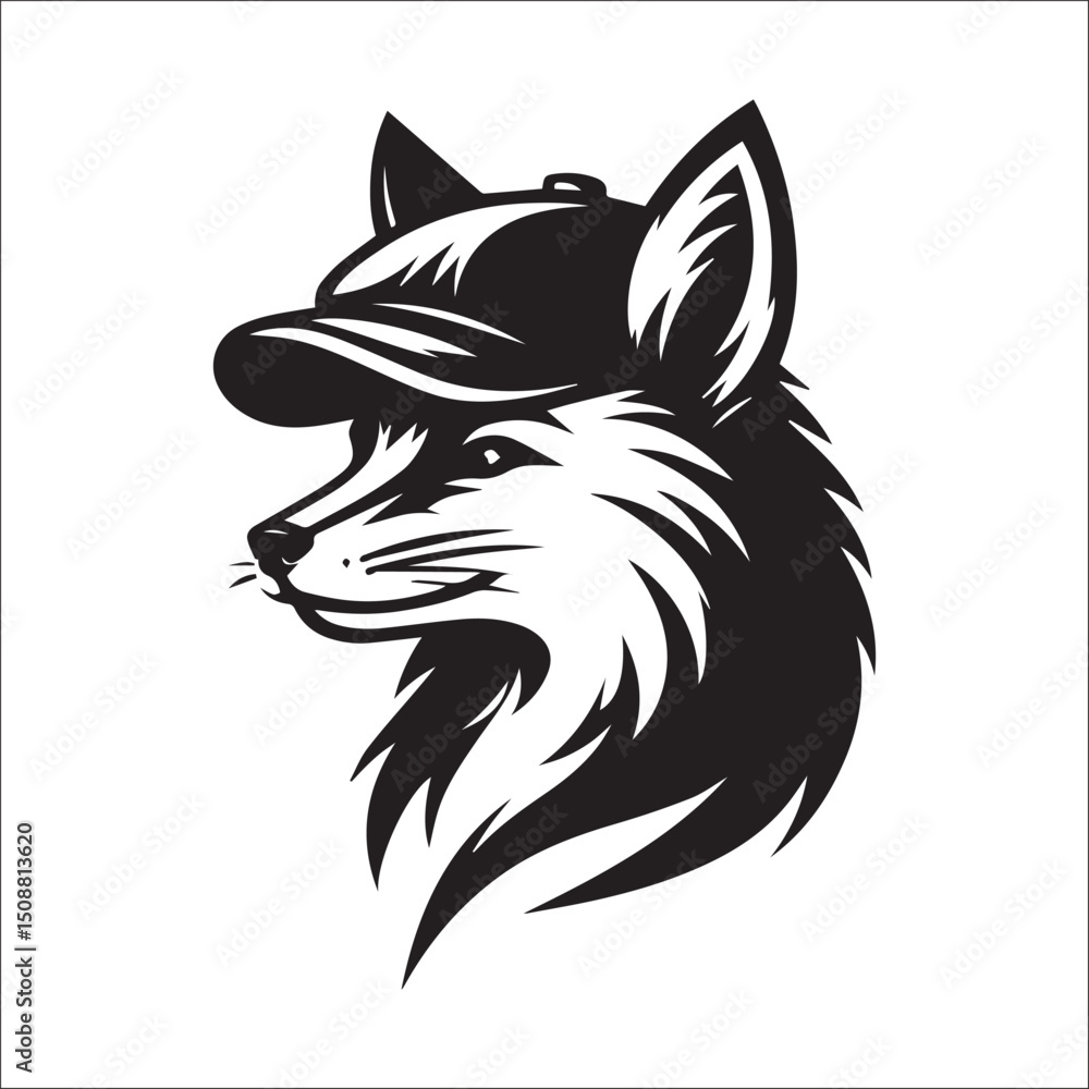 Fox Wearing a Cap - Bold Graphic Design | A stylized, black and white graphic illustration of a fox head wearing a baseball cap. Fox Wearing a Cap - Bold Graphic Design | A stylized, black and white graphic illustration of a fox head wearing a baseball cap.