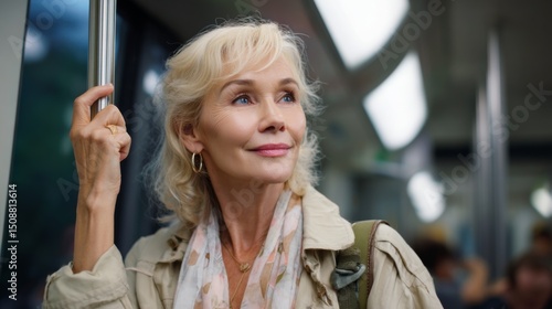 Mature woman traveling on train. Female commuter standing in subway car. Urban public transit for city life.