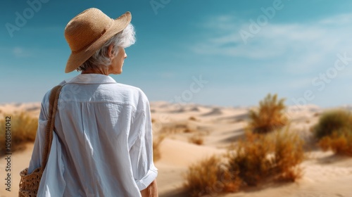 Woman with straw hat looks at a desert landscape. Travel and adventure concept for senior lifestyle images.