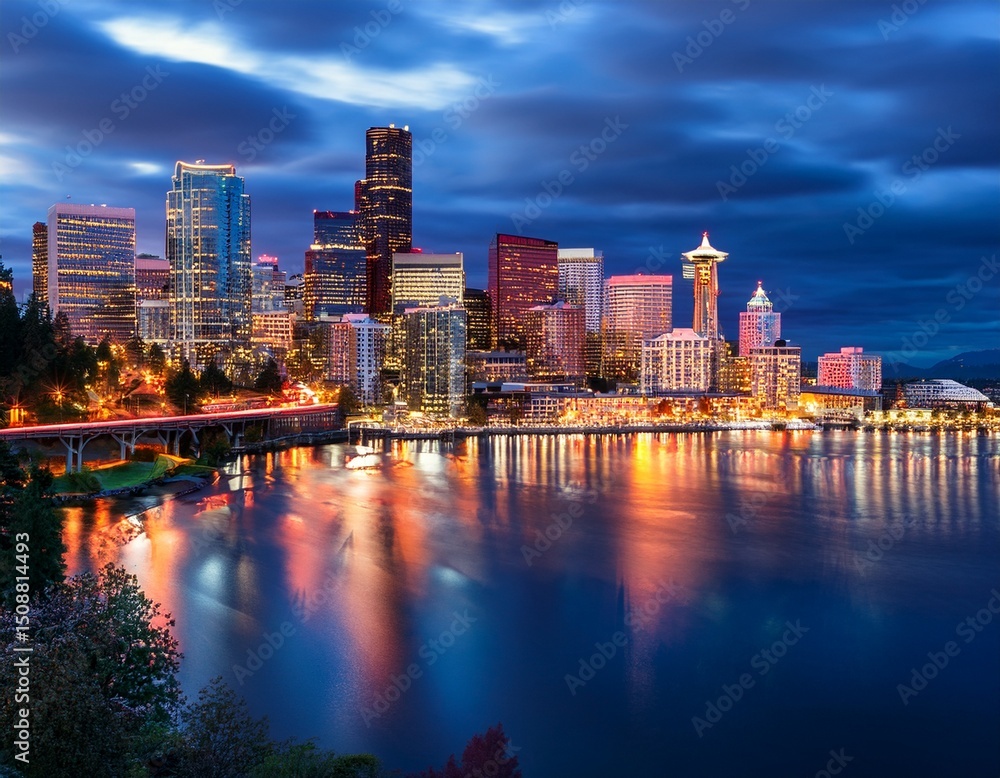 Fototapeta premium downtown bellevue washington usa skyline bright city lights in urban landscape