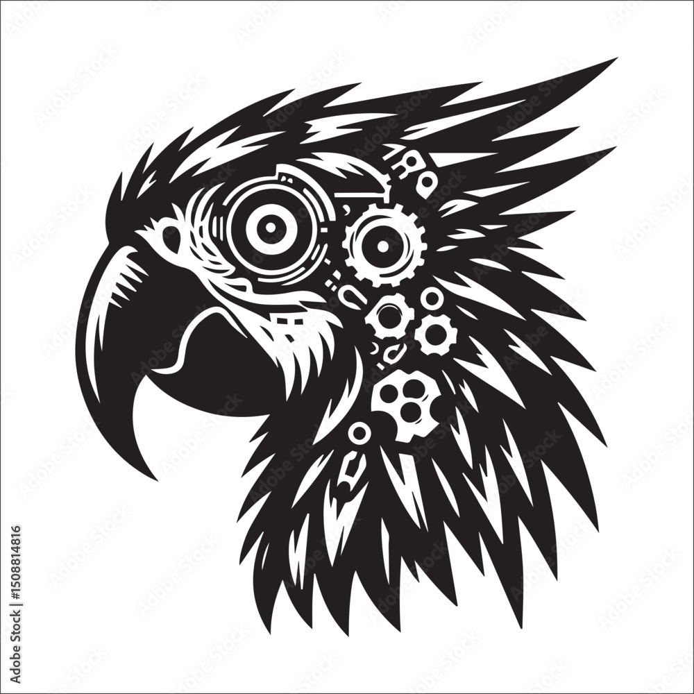 Steampunk Parrot Head Design, Perfect for Tattoos or Prints | A stylized black and white illustration of a parrot head, featuring intricate tribal-like patterns combined with steampunk mechanical elem Steampunk Parrot Head Design, Perfect for Tattoos or Prints | A stylized black and white illustration of a parrot head, featuring intricate tribal-like patterns combined with steampunk mechanical elem