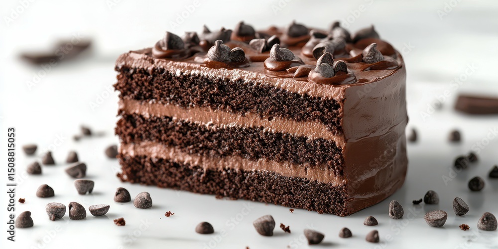 Delicious chocolate cake slice with rich frosting and chocolate chips on a marble countertop Delicious chocolate cake slice with rich frosting and chocolate chips on a marble countertop