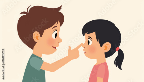 Child playfully performing eye exam on friend, vision awareness