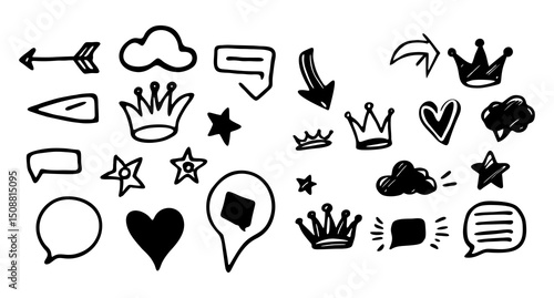 A collection of hand-drawn vector graphics of arrows, stars, clouds, crowns, hearts, and speech bubbles. These design elements can be useful for adding visual flair to a project.