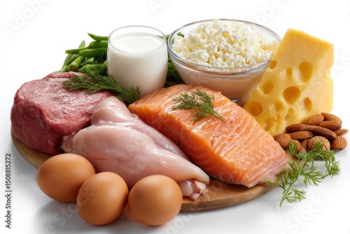 An overhead studio shot displays diverse protein sources like meat, fish, dairy and eggs for