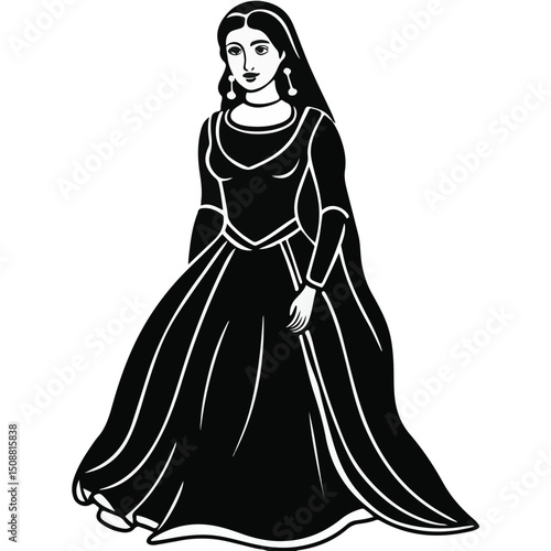 Black and white line art of a traditional woman in modest dress showing graceful poise