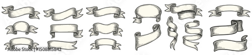 Diverse collection of hand drawn banner illustrations, perfect for adding a vintage touch to designs