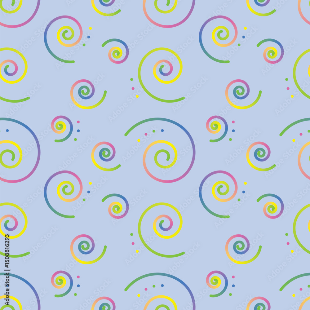 Print Seamless pastel swirl pattern on light lavender background with colorful spiral doodles for kids’ textiles and party decor Print Seamless pastel swirl pattern on light lavender background with colorful spiral doodles for kids’ textiles and party decor