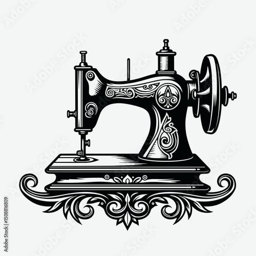 Ornate vintage sewing machine in black and white, for crafting and sewing projects