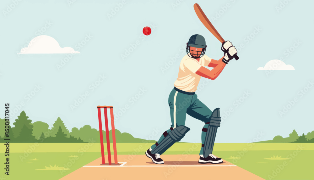 Obraz premium Cricketer swinging bat at pitch, intense game moment