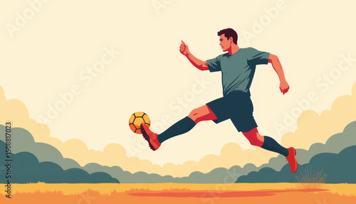 Football player kicking soccer ball mid-air, athletic determination