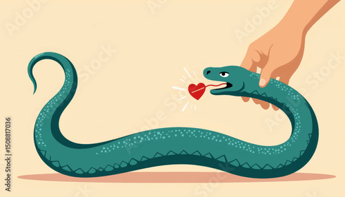 Hand gently holding a snake with a heart, first aid concept