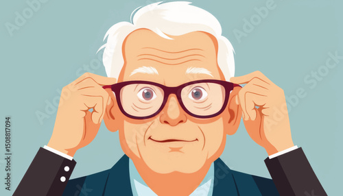 Elderly man adjusting glasses with focused expression, wisdom and clarity