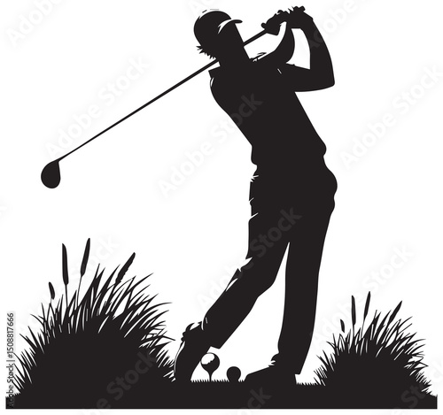 Silhouette of Golfer Swinging Club | Golf Player Teeing Off | Sports Art | Black and White Golfing Illustration | Golf Course Image