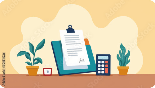Invoice folder and calculator on table, office organization