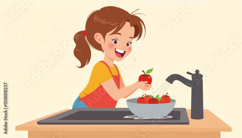 Cheerful girl washing apples in sink, nurturing health and hygiene