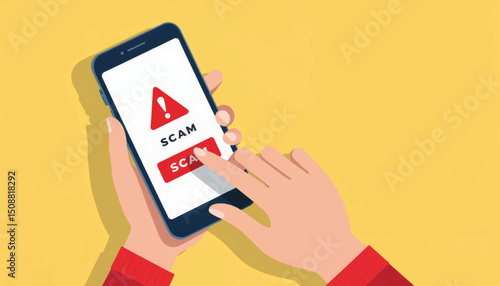 Hands alerting about scam on smartphone, digital awareness