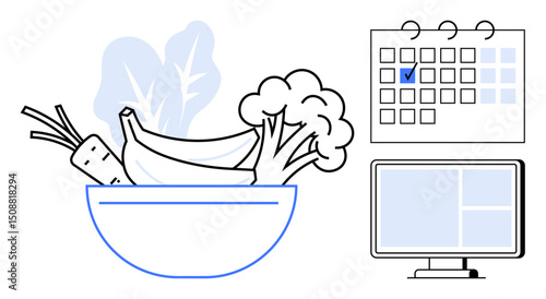 Fresh vegetables in bowl with banana, calendar checkmark marking a day, and monitor screen for organizing meal plans. Ideal for meal preparation, dietary routine, healthy eating, productivity, time
