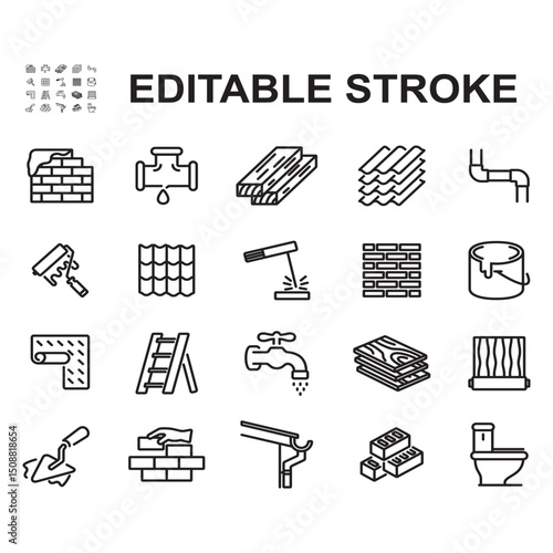 Home renovation icons collection. Thin line style vectors. Contains icons such as wallpapering, repainting, plumbing repair and more.