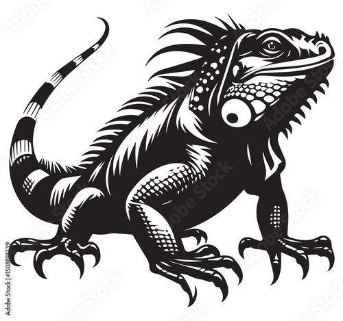 Black and White Iguana Illustration: Detailed Vector Graphic of a Reptile with Spikes, Scales, and Striped Tail for Wildlife Designs