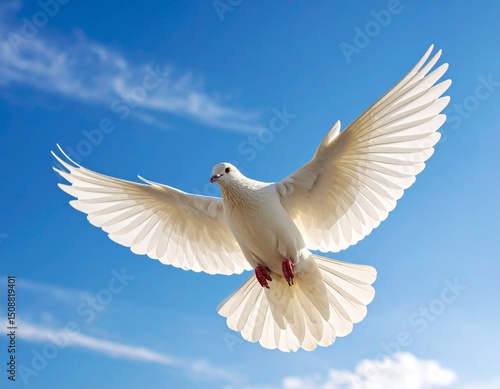 High resolution image of a white dove flying with wings wide open against soft blue sky, motion captured clearly, no background distractions