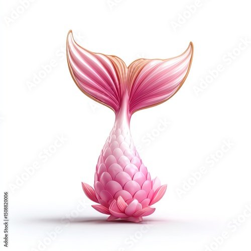 Enchanted Pink Mermaid Tail, Gracefully Resting on a Lotus Flower, Against a Pristine White Background