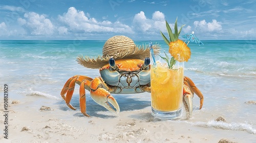 Funny crab wearing straw hat with tropical cocktail on sandy beach near turquoise ocean under blue sky