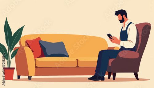 Male upholsterer focused on smartphone in cozy living room, creativity