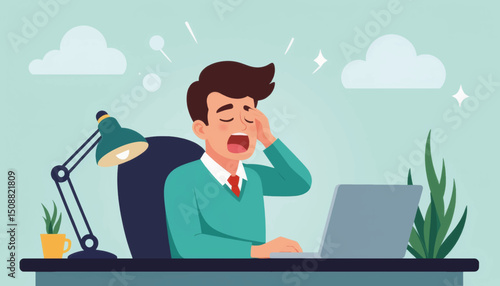 Stressed man rubbing eyes at desk in office environment, work fatigue