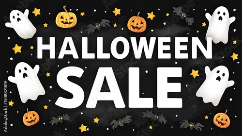 Halloween sale banner with ghosts, pumpkins, stars, and bats on dark background for festive promotion