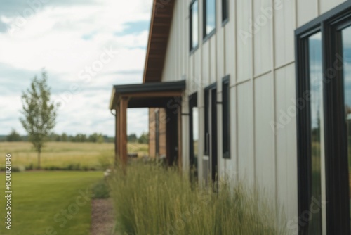 Wallpaper Mural A contemporary house featuring a beautifully landscaped garden sits under a cloudy sky. This picturesque property is nestled within vast open fields, located in a serene rural area. Torontodigital.ca