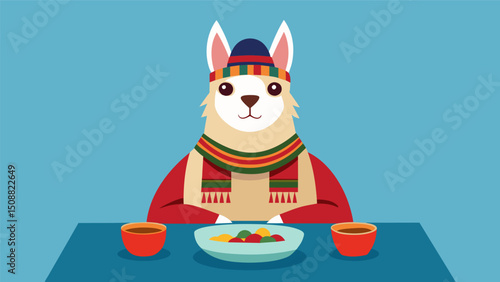 A llama dressed in traditional Andean attire sitting politely at a table and indulging in a bowl of quinoa soup.. Vector illustration