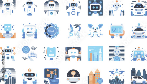 Minimalist Robot and Futuristic Technology Icon Set — Monochrome Line Art of Robotics, AI, and Industrial Automation