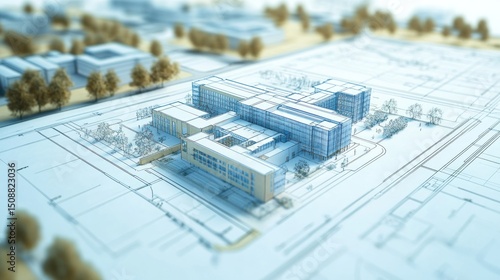 Architectural blueprint of a modern hospital complex, with detailed building plans, city surroundings, and aerial perspective.
