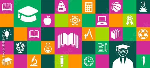 back to school education geometric shape college pattern background. A vibrant collection of minimalist white silhouette icons representing various academic subjects, school supplies, and learning.